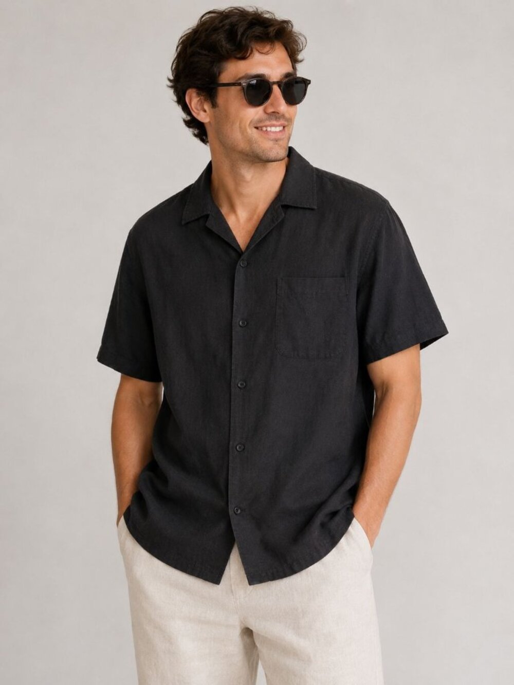 Linea Uomo Linen Button Up Shirt Black Short Sleeve Collar Minimalist Men's 4x